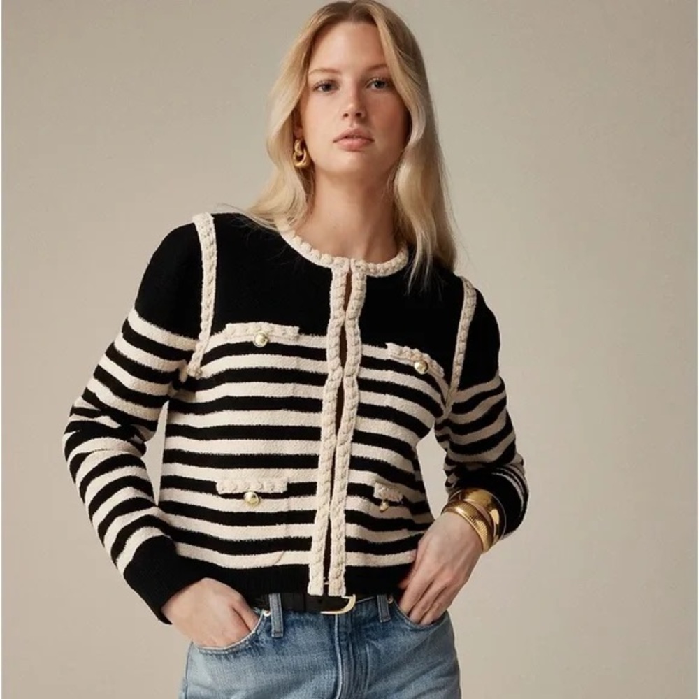 J Crew Odette Cardigan | Odette sweater lady jacket in striped bouclé